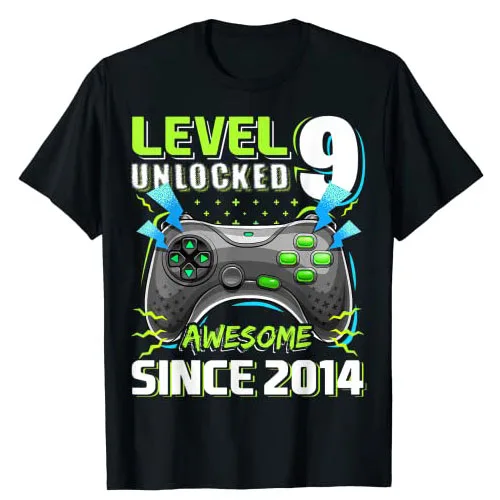 

Level 9 Unlocked Awesome 2014 Video Game 9th Birthday Boy T-Shirt Gaming Lover Graphic Tee Sons Gifts Short Sleeve Basics Tops