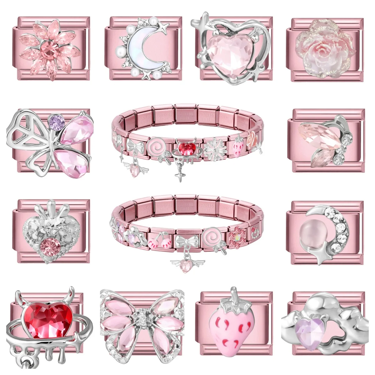 Y2K Bright Crystal Daisy Candy Butterfly Bow Heart Ring Pink Italian Charm Fit 9MM Stainless Steel Bracelet DIY Making Jewelry
