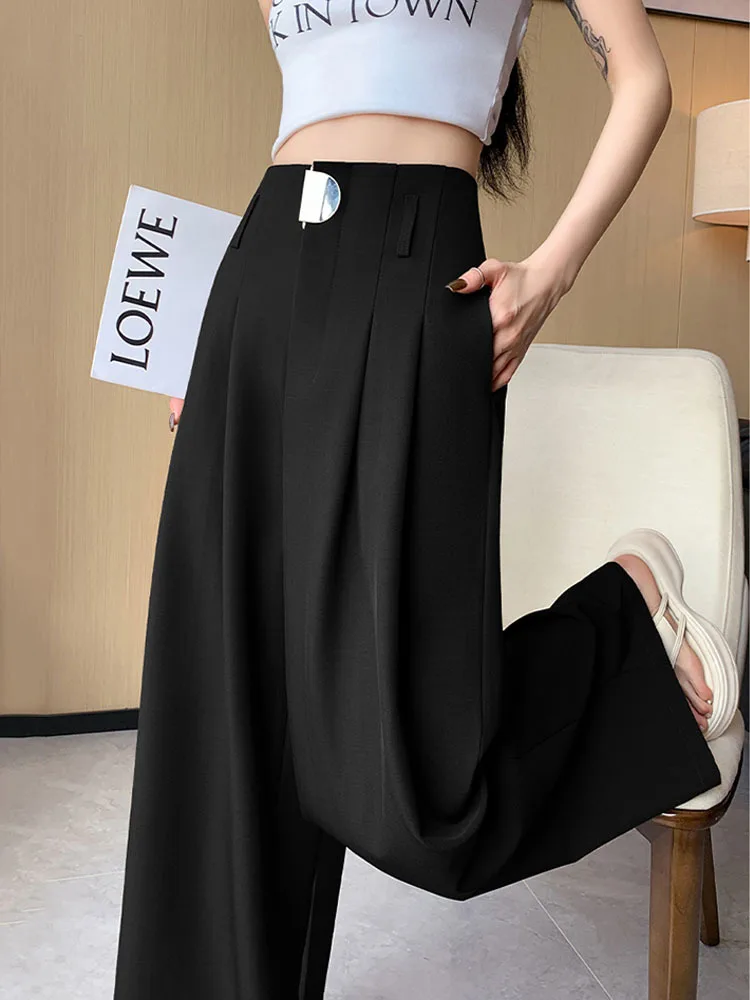 High Waist Suit Wide Leg Women\'s Full Pants Buttons Spring Summer Female Elegant Minimalism Straight Loose Trousers 2024 New