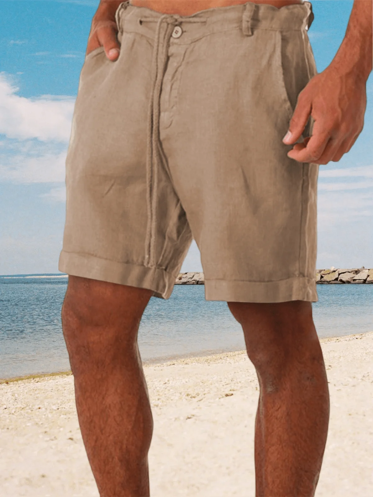 

Mens Linen Casual Shorts Elastic Waist Summer Beach Lightweight Slim Fit With Pockets