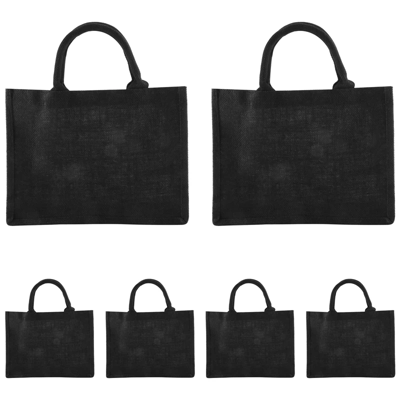 6PCS Black Burlap Tote, Jute Tote Bags With Handles & Laminated Interior, Wedding Bridesmaid Gift Bags, Blank Bags