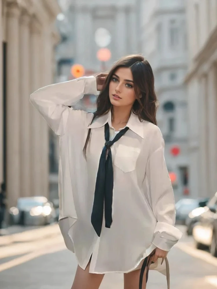 

Zadily Women's White Turn-Down Collar Oversized Shirt with Black Tie Long Sleeve Elegant Casual 2025 Autumn Streetwear Blouse
