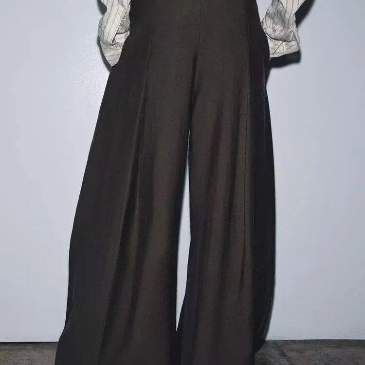 Faionable pantalon ample décontracté pour femme automne hiver nouveauté taille haute fermeture éclair fibre de polyester pantalon à jambes larges droit...