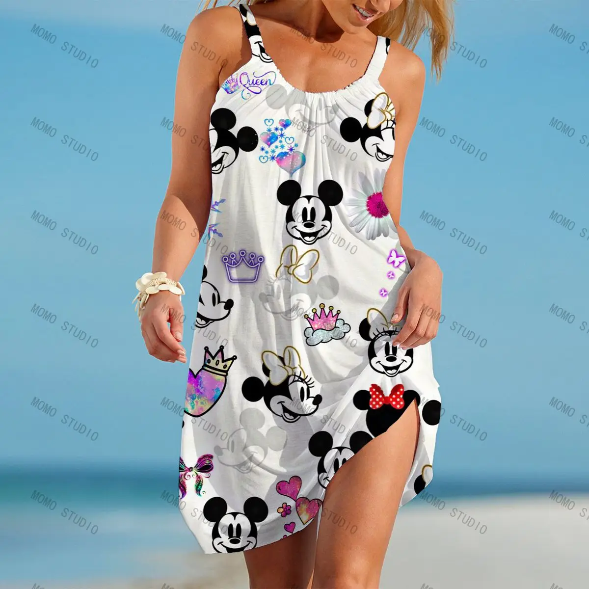 

Women's Summer Dress Mickey Kawaii Boho Sexy Disney Dresses 2022 Suspenders Woman Beach Party Minnie Mouse Cartoon Y2k 3D Print