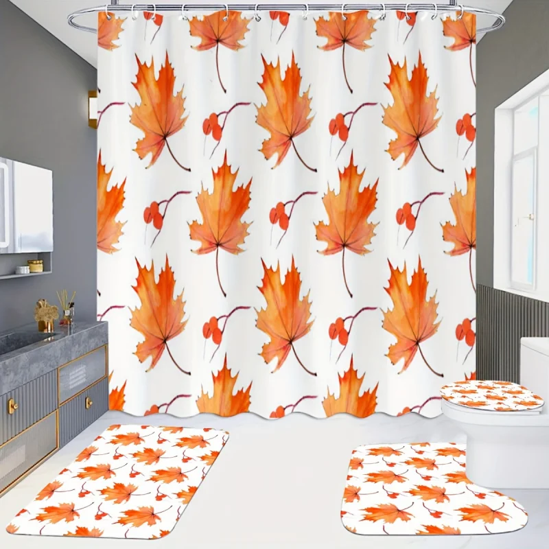 Autumn Leaves Shower Curtain Set with Non-Slip Bath Mats, U-Shaped Toilet Rug, and Toilet Lid Cover - Water-Resistant Polyester