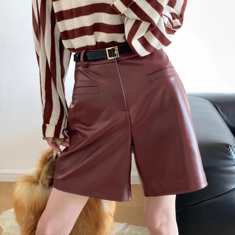 

Harajuku Шорты из искусственной кожи Женские шорты до колена с высокой талией и широкими штанинами Женские уличные шорты OL Элегантные черные шорты из искусственной кожи Брюки