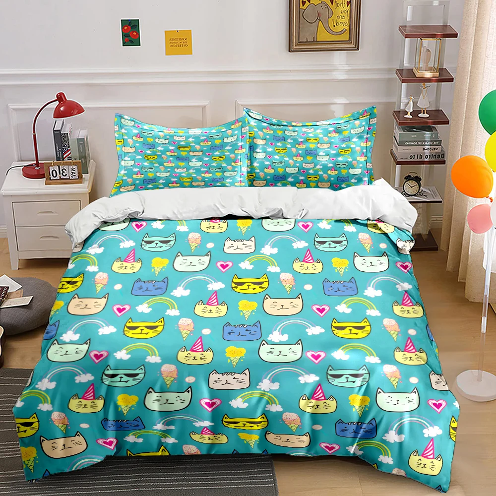 Cartoon cats rainbows ice creams Pattern Duvet Cover Set Digital Print Colorful Polyester Bedding with Zipper Closur kids gifts