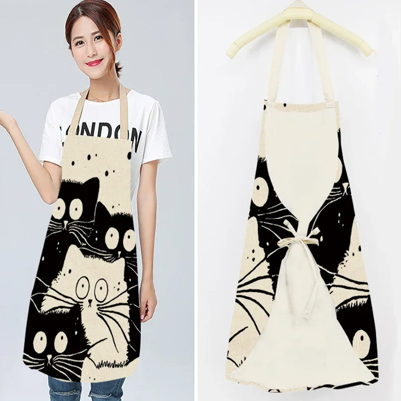 Cute Kitchen Apron Cartoon Cat Printed Sleeveless Cotton Linen Chef Aprons for Men Women Home Cleaning Tools Baking Accessories