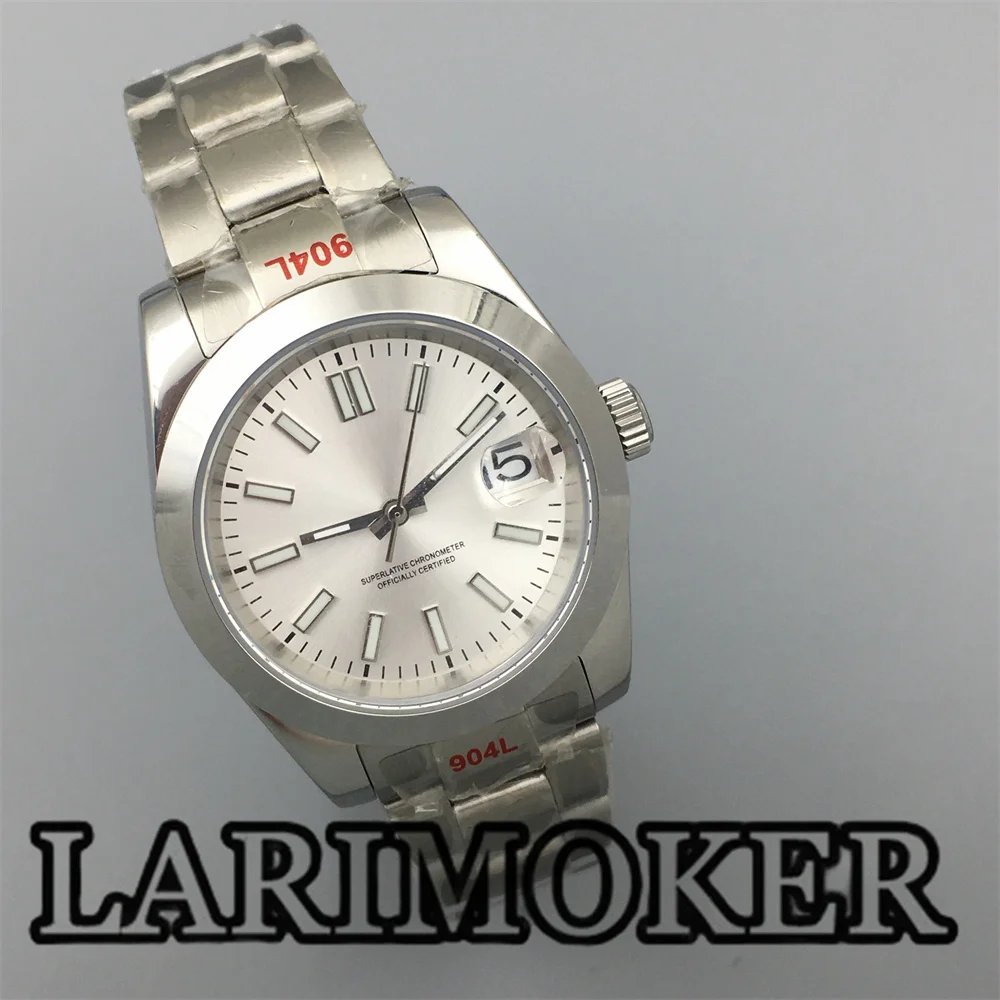 LARIMOKER 36mm/39mm Mechanical Watch for Men NH35 Movement Stanless Steel Bracelet White Dial Silver Stick Inde Polished Bezel