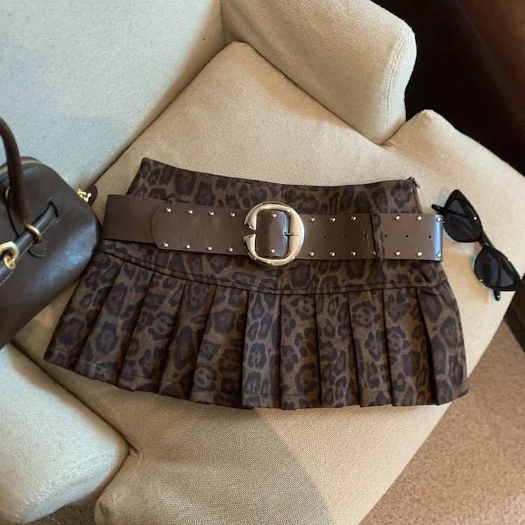 

Женская осенне-зимняя леопардовая плиссированная мини-юбка, женская уличная одежда, винтажная короткая юбка трапециевидной формы с поясом