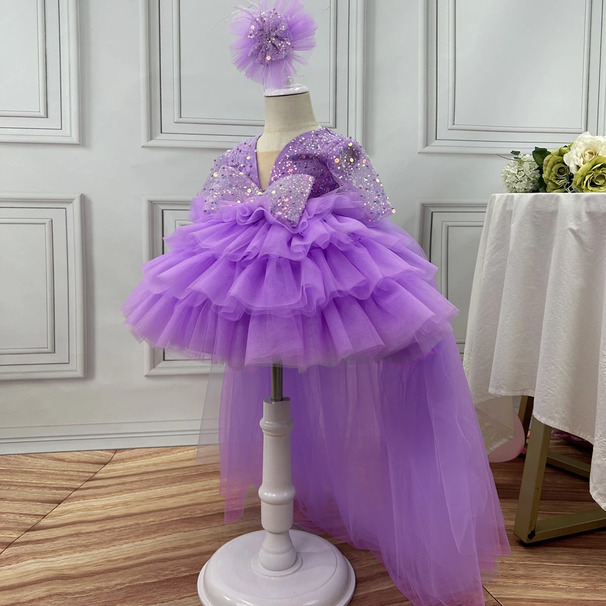 Light luxury girl dragging high -end wine party evening dress flower girl wedding lace puff cake skirt special occasion girl dre