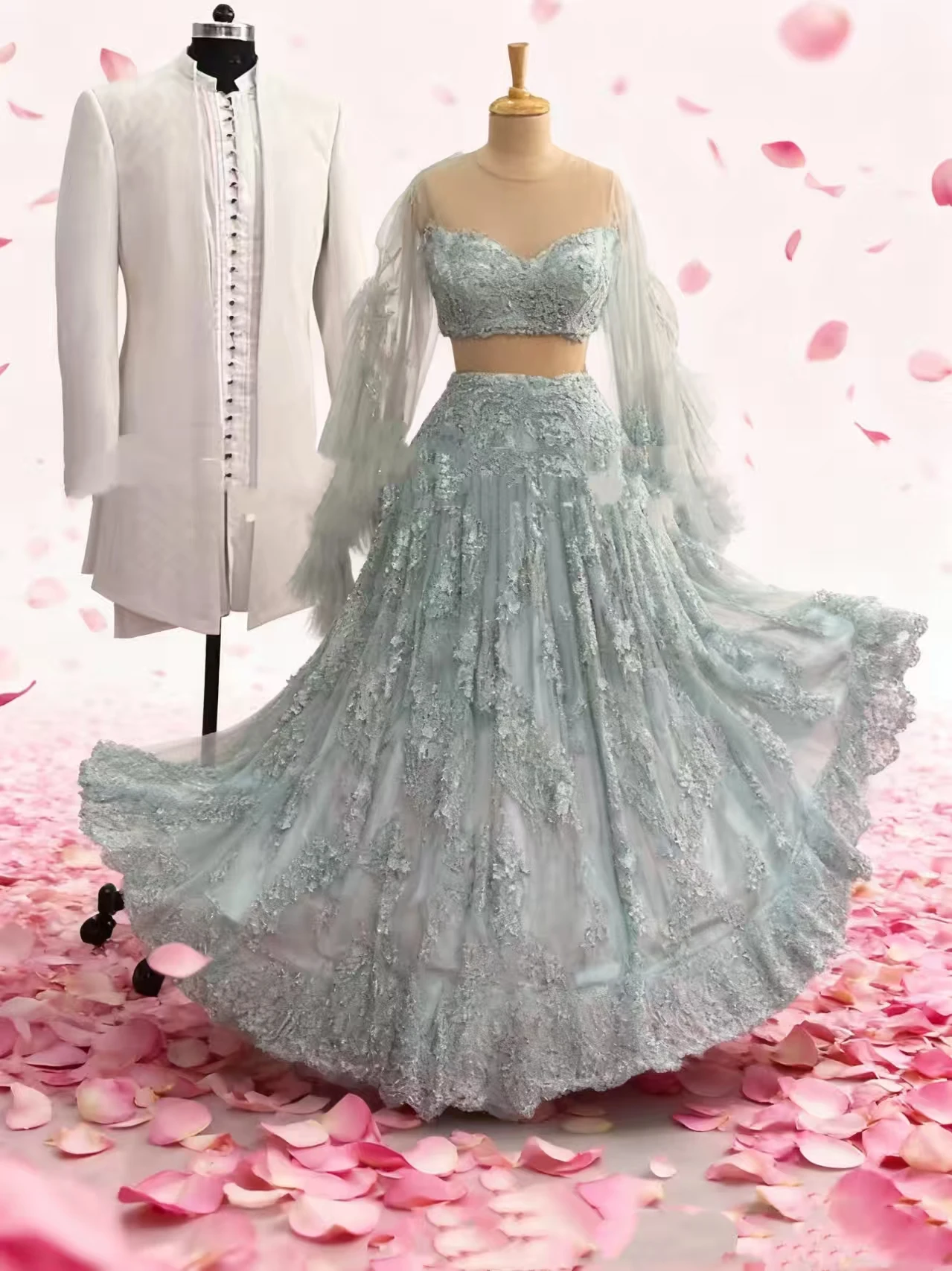 Silver Grey Indian Bridal Weddin Dresses with Fairy Long Sleeve Two Pieces Beaded Applique Lehenga Caftan Bridal Gown customsiz