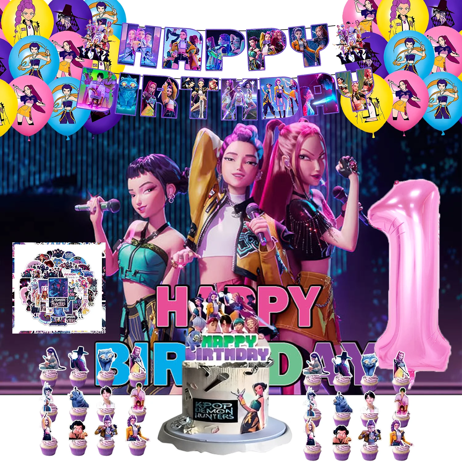 

Demon Hunter Birthday Party Decoration Pull Flag Banner Balloon Cake Topper Set Party Supplies Girls Kids Boys Favor baby shower