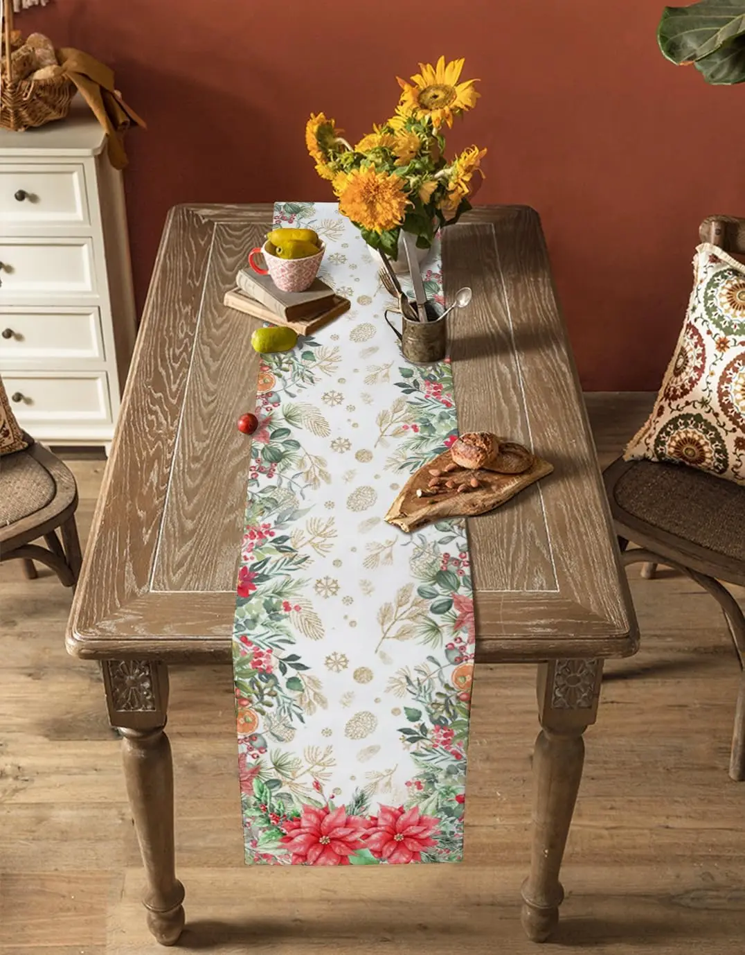 Christmas Poinsettia Berry Leaf Linen Table Runner Home Decor Washable Winter Xmas Kitchen Dining Table Runners Christmas Decor