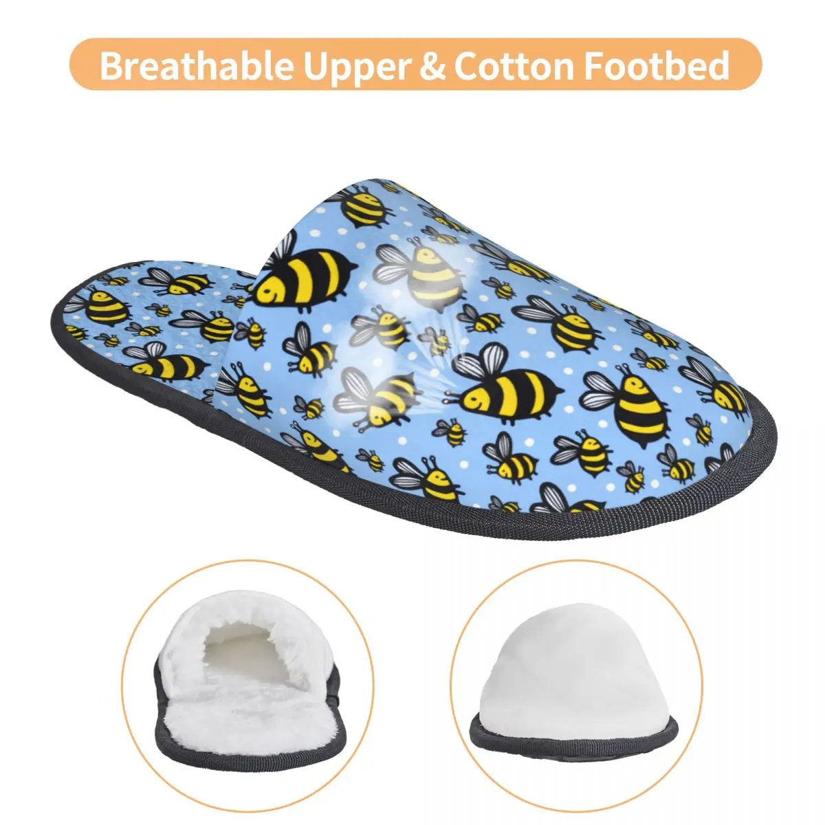 Custom Print Women Blue Scattered Bees Pattern House Slippers Cozy Warm Memory Foam Fluffy Slipper Indoor Outdoor Shoes