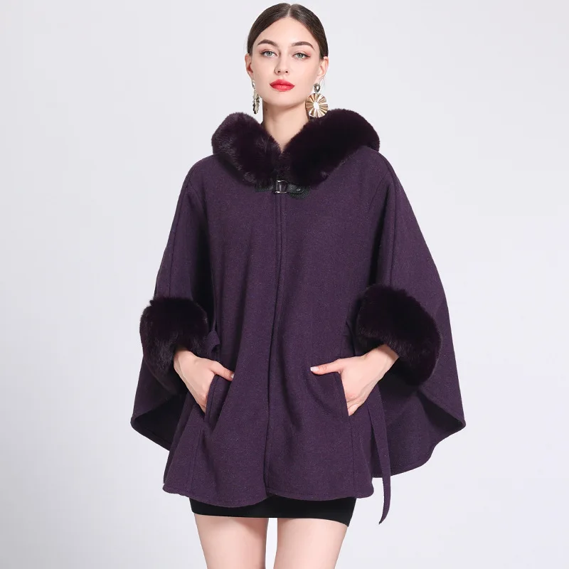 3 Colors Winter Warm Faux Woolen Poncho Belt Cape Women Rabbit Fur Big Batwing Sleeves Loose Long Cloak Coat With Hat