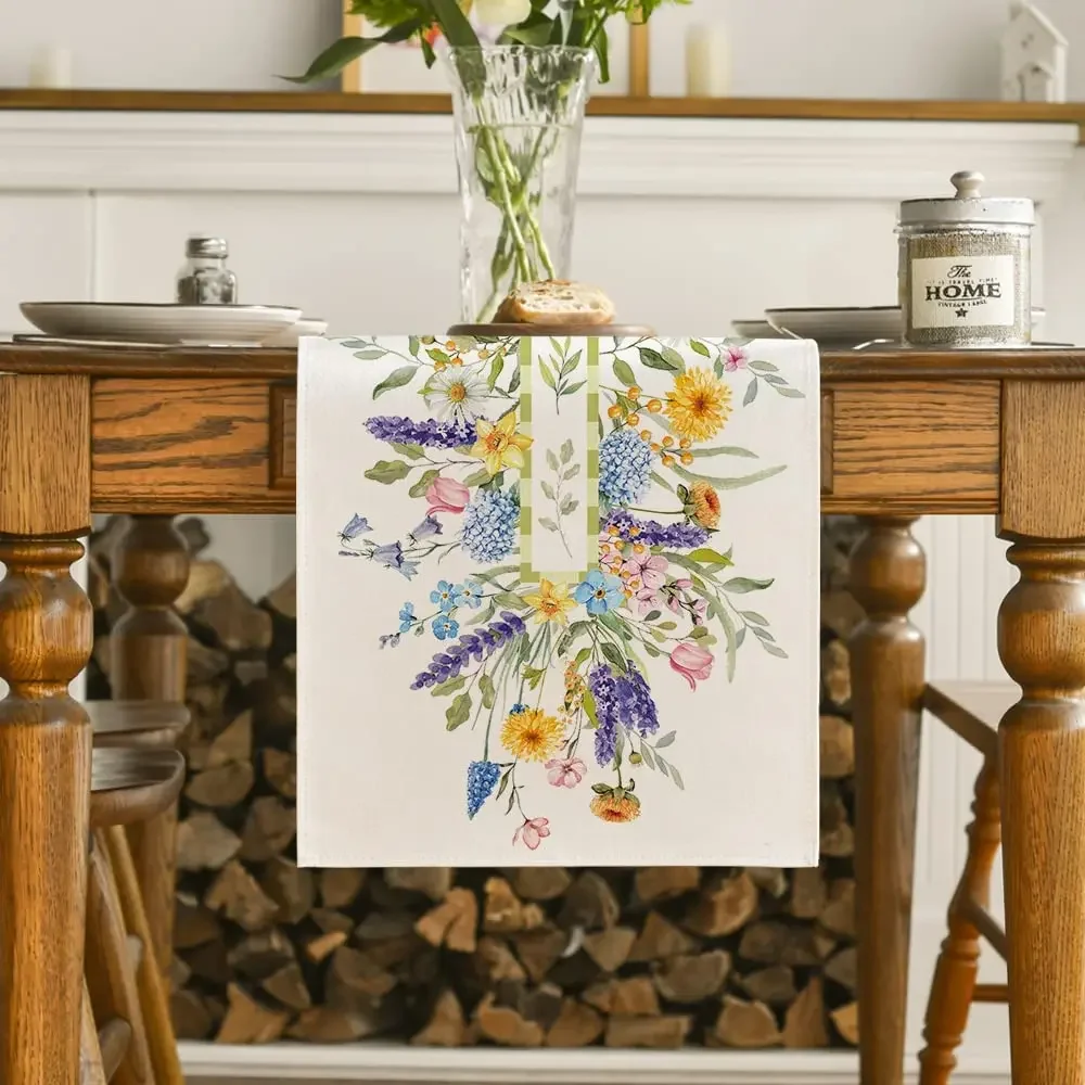 Bloom Flowers Tulip Spring Linen Table Runner Wedding Decoration Easter Table Runner for Holiday Party Kitchen Home Decortive