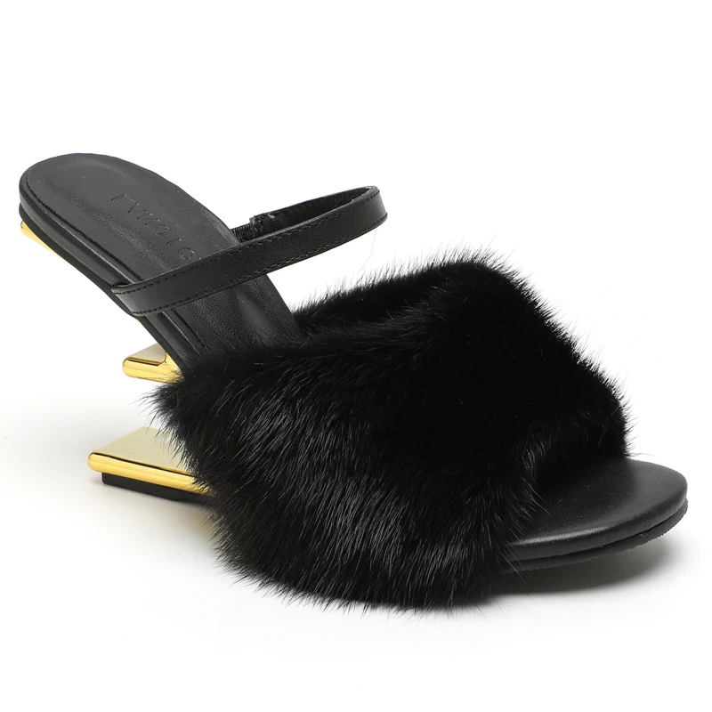 European and American style mink fur leather high heels, women\'s slim heels, summer new fish mouth sandals, women\'s fur slippers