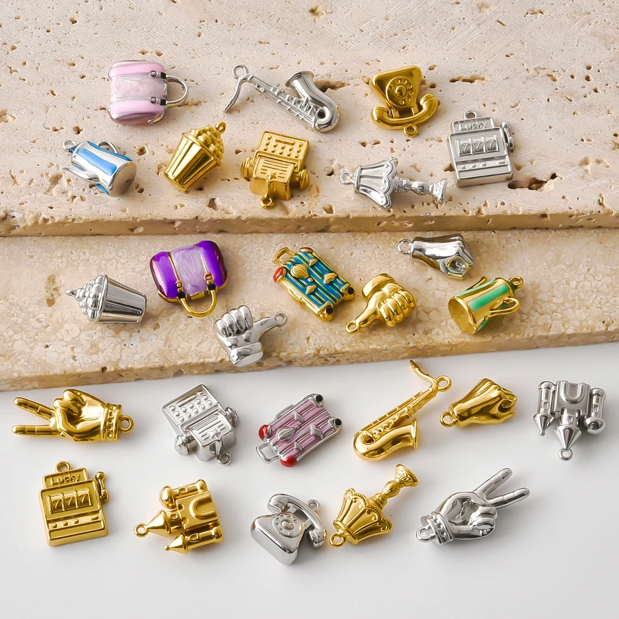 7Pcs Stainless Steel Charms 3D Household Items Pendant DIY Jewelry Making Dressing Table Microphone Telephone Saxophone Materia