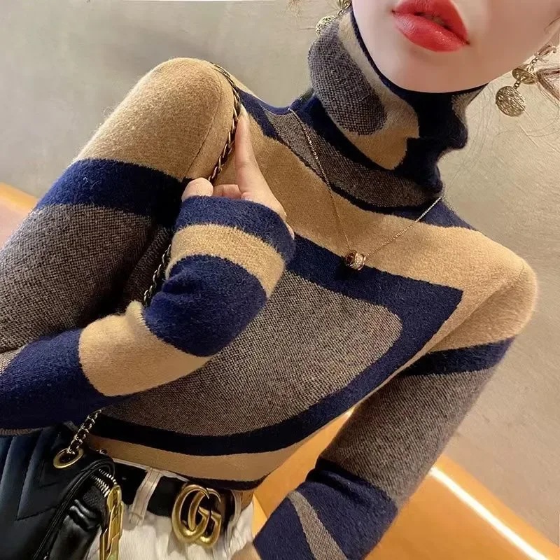 Women Clothing Soft Slim Turtleneck Wool Knitted Pullover Autumn Winter Vintage Slim Tops Plaid Jacquard Sweaters Korean Jumpers