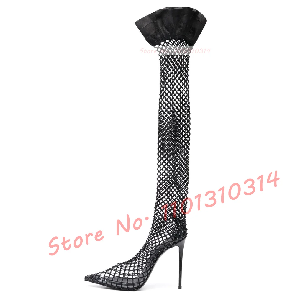 Colorful Crystal Mesh Long Boots Women Elegant Sparkly Nude Over Knee Boots Summer Luxury Pointy Ruffles Fashion Breathable Shoe