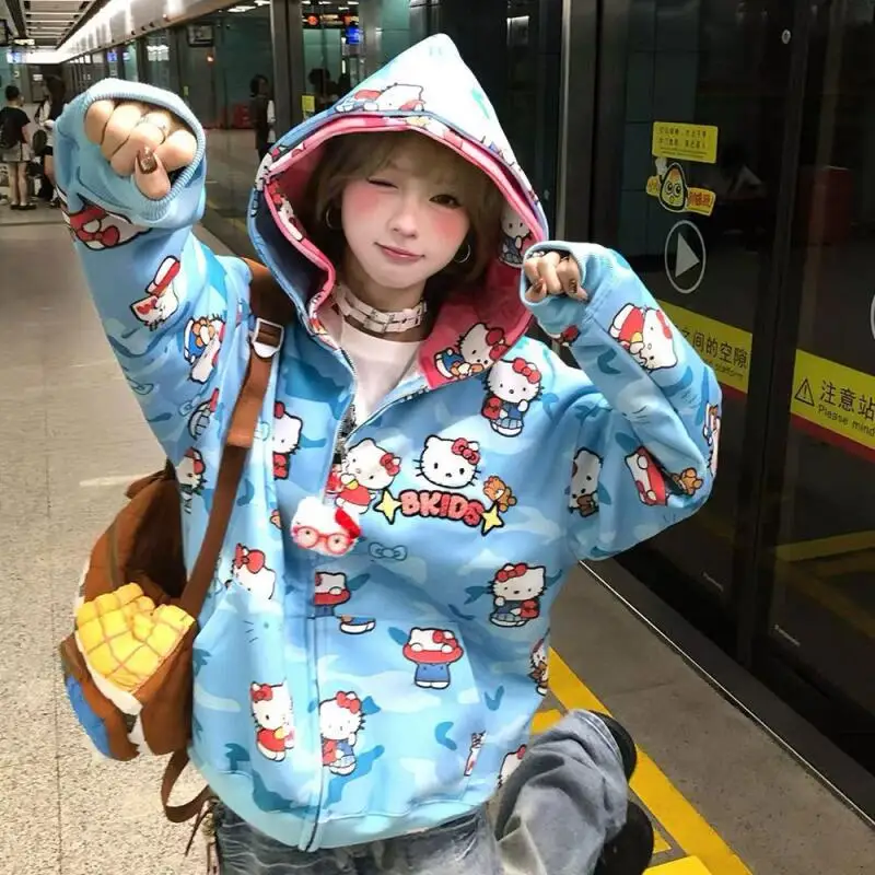 

Anime cute kitten Camouflage Zip Up Hoodie Women Kawaii Cartoon Print Hooded Sweatshirt Casual Streetwear Harajuku Y2K Jacket
