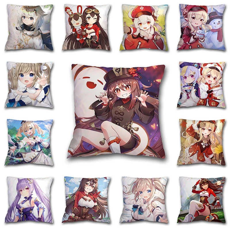 

45CM Anime Genshin Impact Printed Pillow Cases Cartoon Klee Xiao Venti Hutao Pillow Cases Living Room Home Sofa Car Pillow