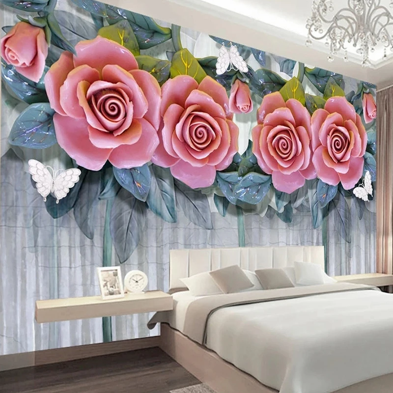 3D Stereoscopic Wall Papers Custom Any Size Murals Embossed Pink Flower Leaves Wallpaper TV Background Decor Papier Peint