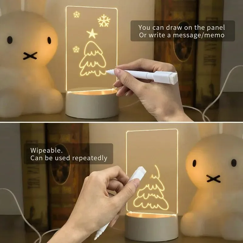 Luz nocturna de tablero de mensajes DIY, luz nocturna 3D con tablero de escritura brillante borrable acrílico, regalo del Día de San Valentín