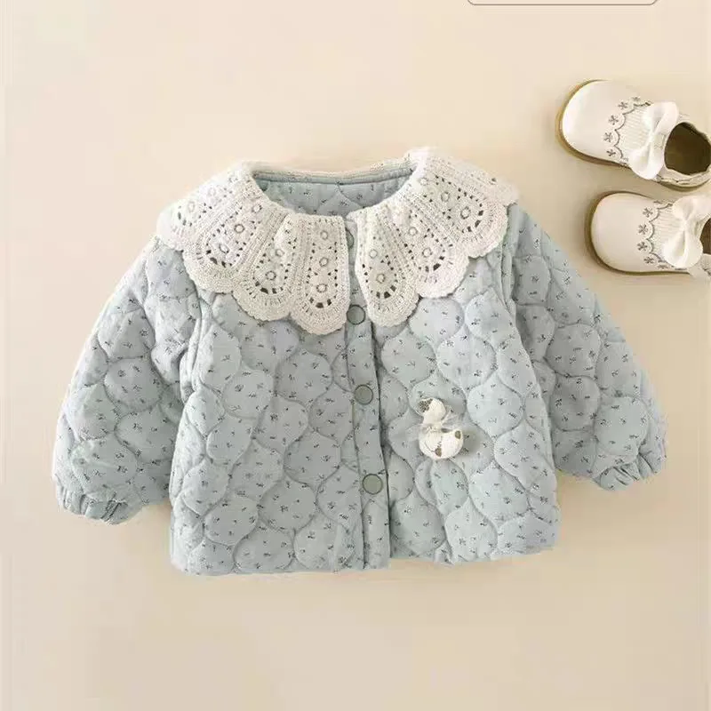 Girls' Winter Cotton Coat, Foreign Style Children's Pastoral Floral Cartoon Lace Collar Thickened Cotton Coat