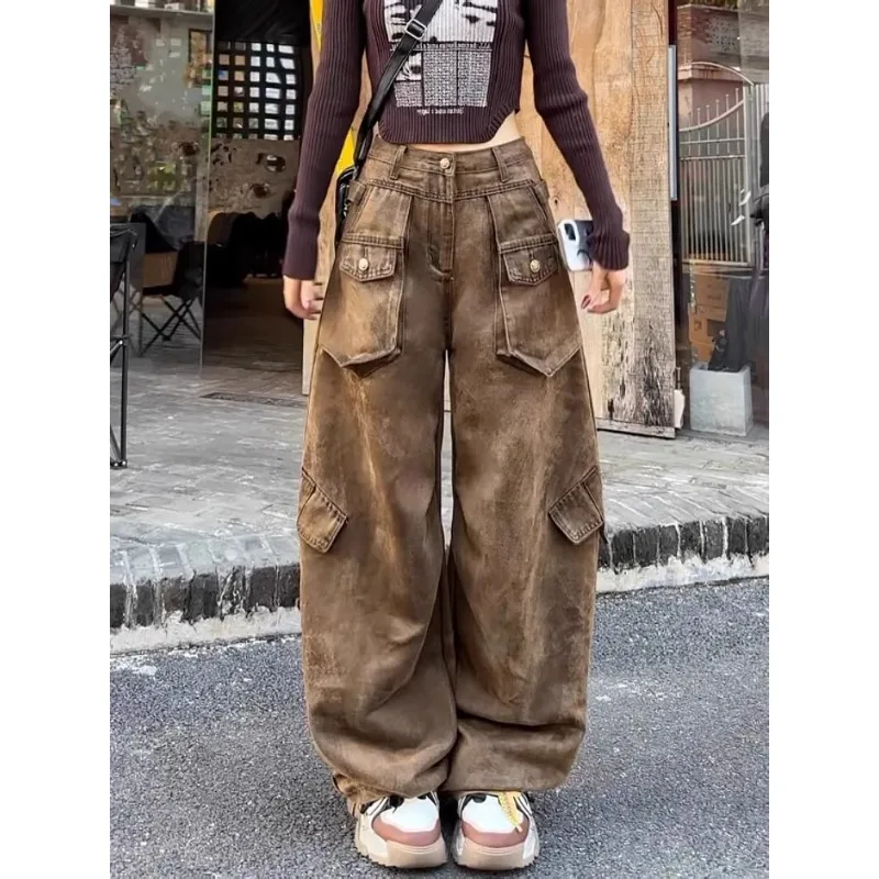 

American Retro Brown Work Pants Women's Autumn New Style Spicy Girl Heavy Industry Multi Pocket Curved Knife Mop Pants