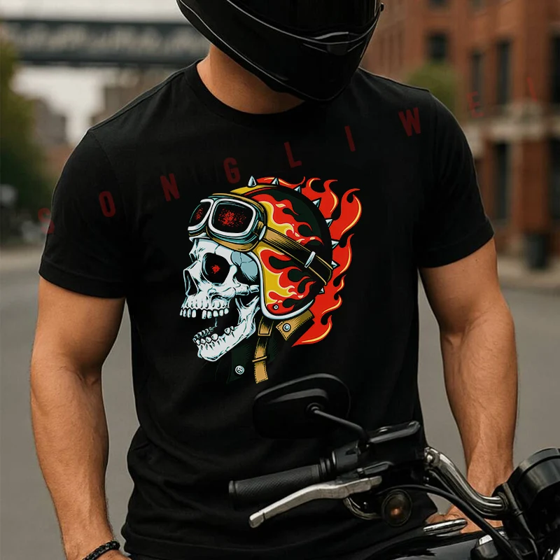 

Flaming Biker Skull With Helmet And Goggles Motorcycle Men's T-shirt Summer Cotton Short Sleeved Casual TShirt O-Neck Unisex Top