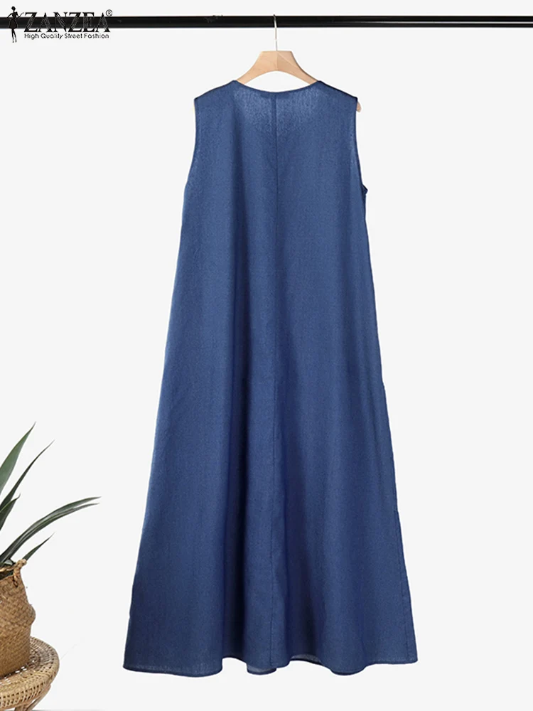 Summer Elegant Overalls Dress ZANZEA Woman Sleeveless Holiday Maxi Robe Solid Denim Blue Vestidos Muslim Abaya Hijab Dresses