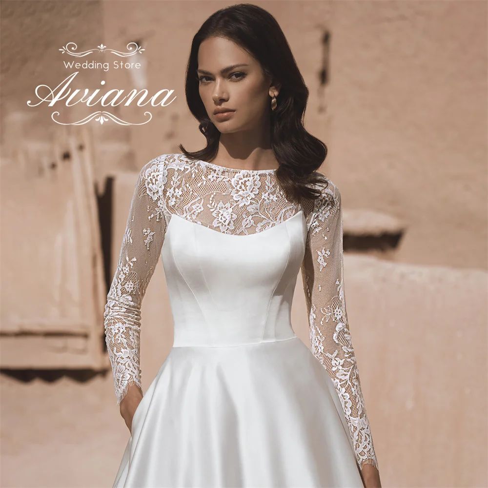 Aviana فستان زفاف مخصص سويب تراين على شكل حرف a رقبة دائرية وأكمام طويلة وزر دانتيل مطرز وصمة عار 2025 طول الأرض بسيط #4