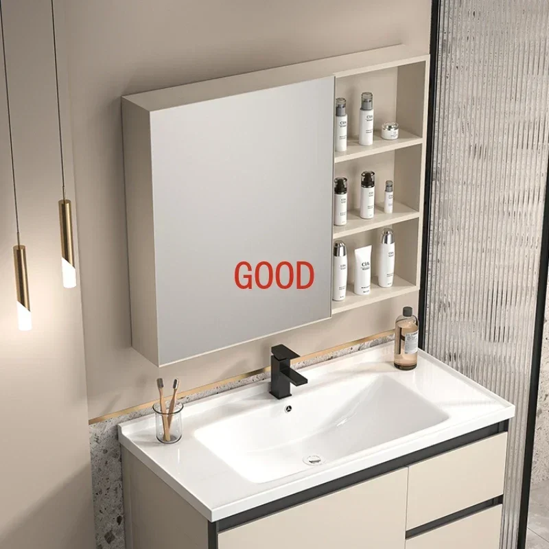 Cream Style Space Aluminum Bathroom Cabinet Washbasin Combination Ceramic Integrated Rock Plate Armadietto Room Furniture