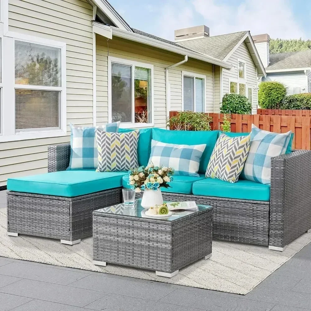 Outdoor Sofa Set of Rattan Wicker Sectional Patio Furniture Small Patio Sofa With Washable Cushions and Glass Table