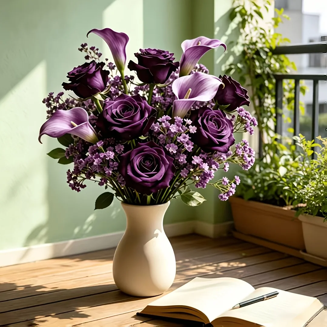 45/25 Flower Bouquet (3 Purple Roses + 3 Calla Lilies + 39 Baby's Breath Flowers / 3 Purple Roses + 3 Calla Lilies + 19 Baby's Breath Flowers) Without Vase. Wedding Bouquet, Ideal Choice for Indoor Office and Living Ro