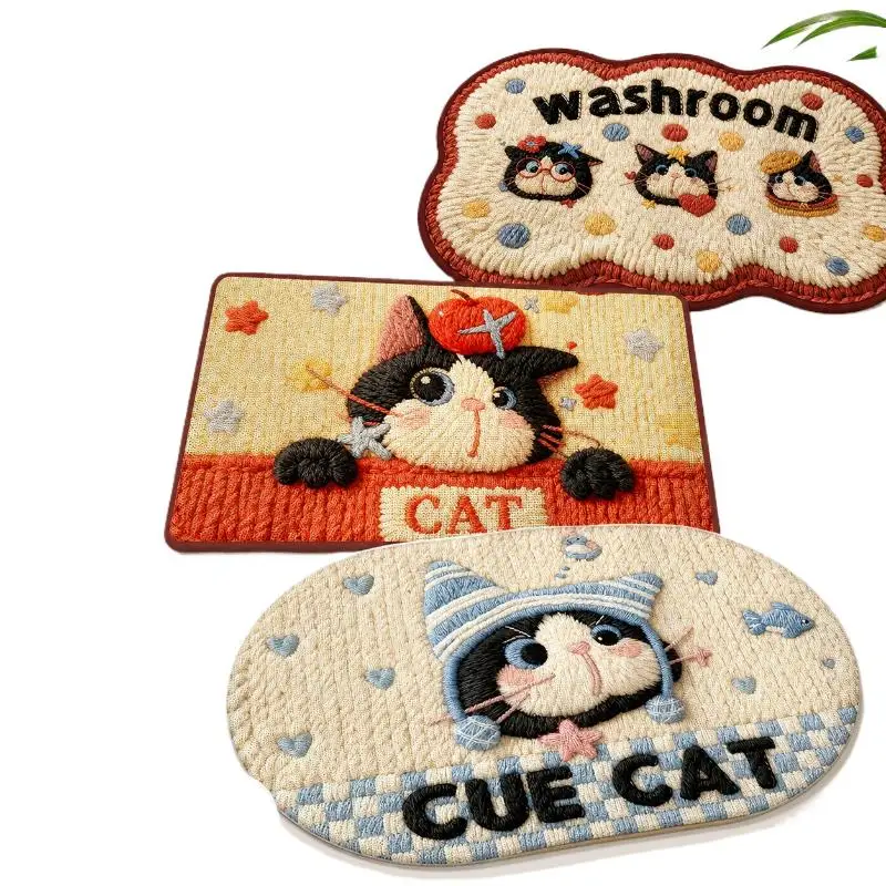 Cute Cartoon Cat Pattern Bathroom Mat Absorbent Soft Non Slip Backing For Bathroom Entryway Decor