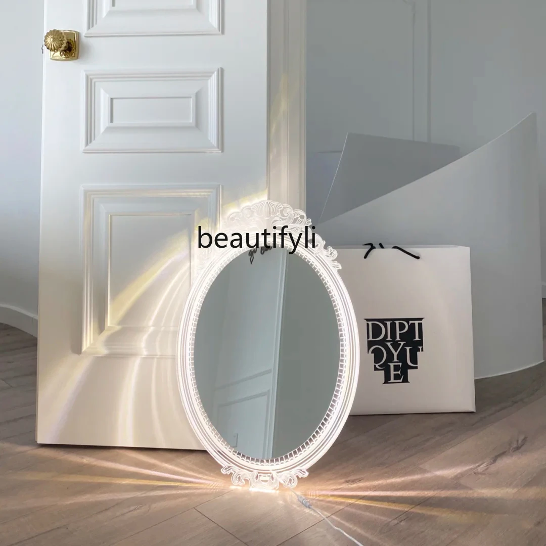 Nordic Crystal Bathroom Mirror LED Light Oval Mirror Wash Basin Makeup Mirror Wall Hanging French Style