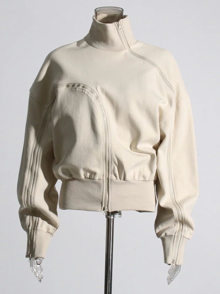 TWOTWINSTYLE Solid Pullover Streetwear Sweatshirts For Women Tuntleneck Long Sleeve Patchwork Zipper Sweatshirt Female Fahion