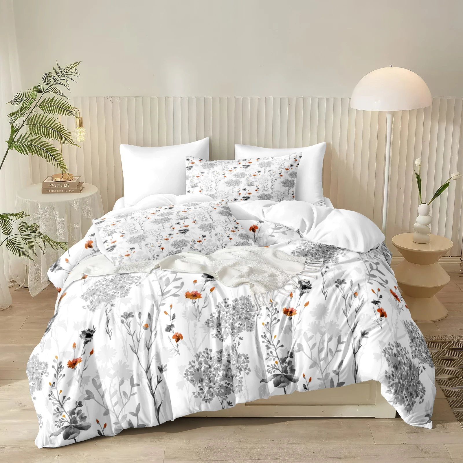 Gray Leaves Cover Sets for Bed Vintage Botanical 2/3pcs Bedding Set Skin Friendly Floral Print Duvet Cover Set Home Decor