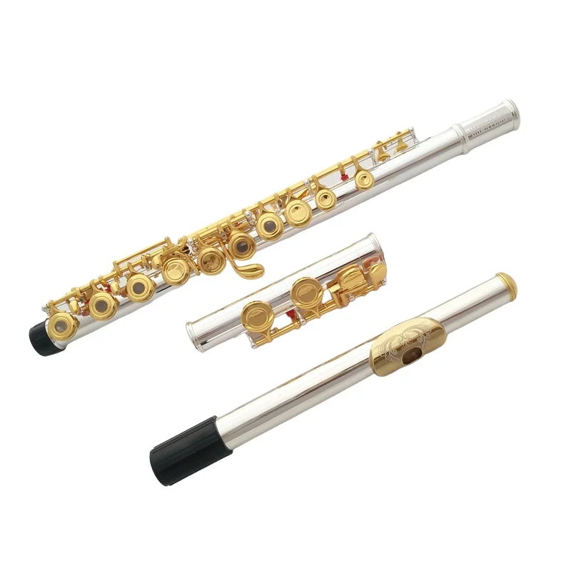 Gold-Plated C-Tone Flute 16-Open-Hole Silver Body with Gold Keys Dual-Use (Open/Closed) for Beginner Musical Instrument