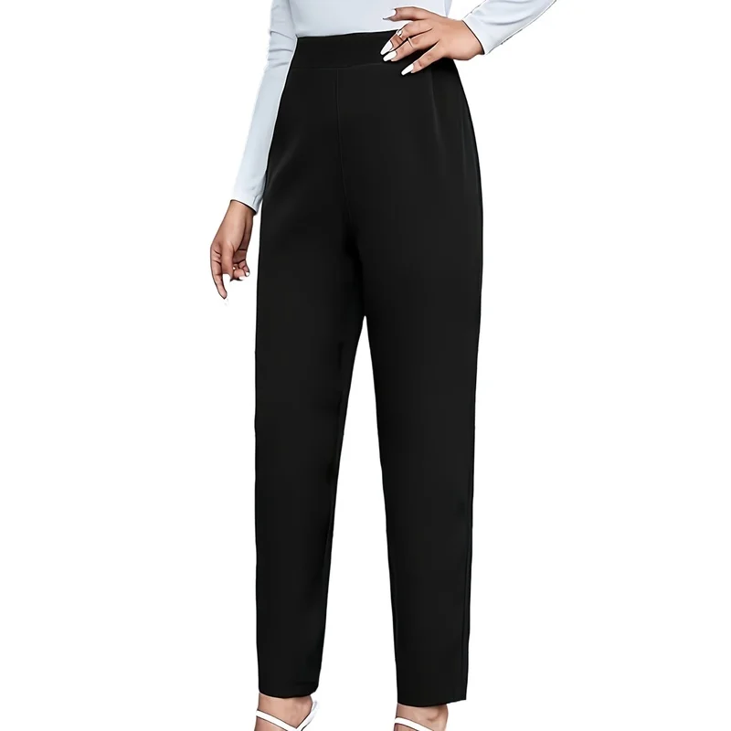 بنطلون نسائي أنيق ضيق موديل 2025 بخصر عادي مريح ونحيف بلون أسود موحد للاستخدام اليومي والمكتبي