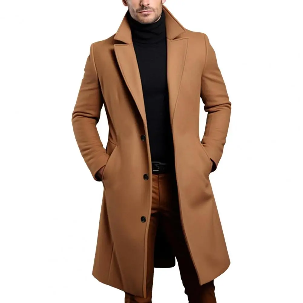 Plus Size Men Woolen Coat Autumn Winter Mid-Length Windbreaker with Pockets Lapel Long Trench Jacket