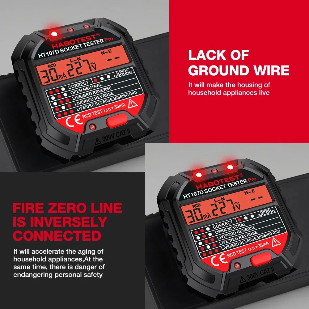 Habotest HT107 Pro Socket Tester A Comprehensive Tool for Voltage, RCD 30mA, UK/EU Plug Grounding, Zero Line, Polarity and Phas