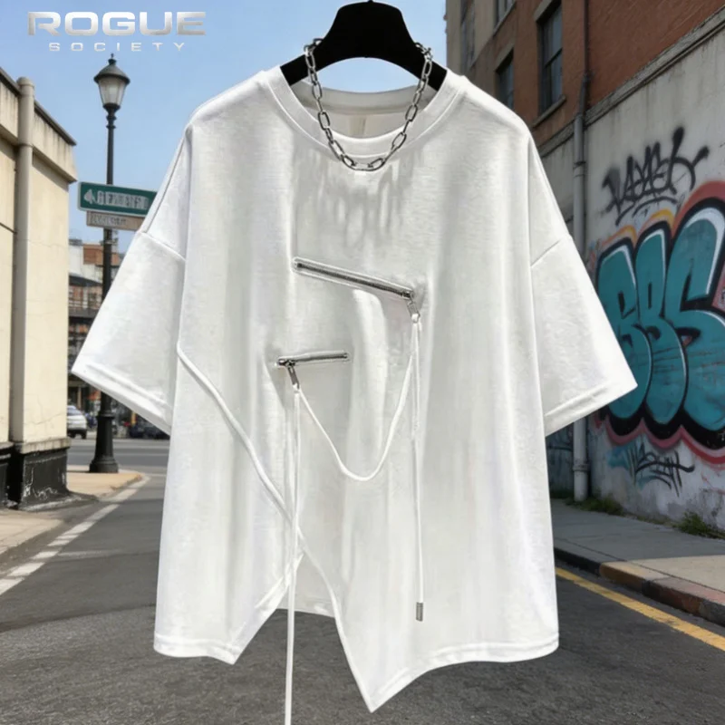 American Streetwear Y2K Men Women Summer Tshirt Irregular Hem Zipper Decor Split Hem Harajuku Tees High Street Unisex Top Edgy