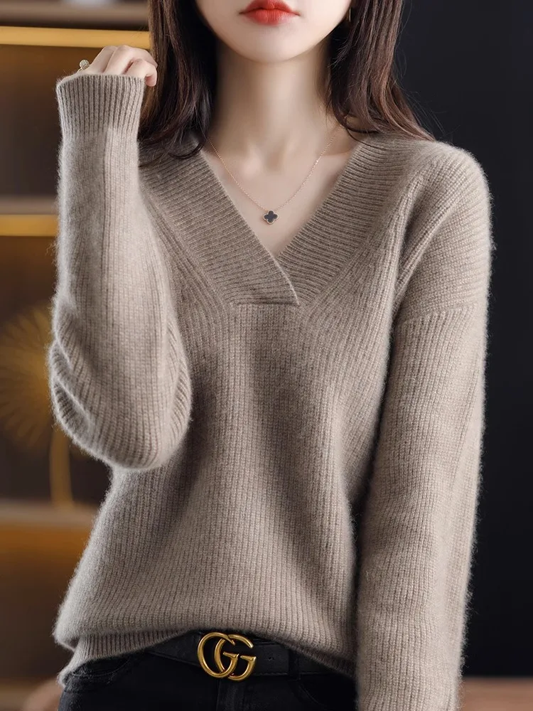

Кашемировый свитер женский, 100% кашемир, свитер с v-образным вырезом, осенне-зимний новый утолщенный шерстяной вязаный низ больших размеров, рубашка