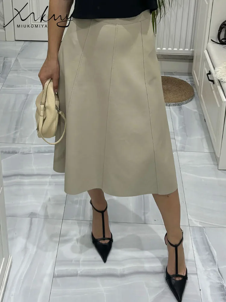 MiuKoMiYa Leather Skirts For Women Midi Luxury High Waist A Line PU Skirt Ladies Office Women\'s Midi Leather Skirt Spring