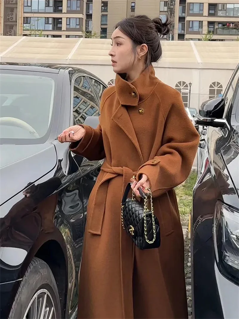 Giacche di lana monopetto da donna da ufficio 2025 Cappotti di lana 100% da donna lunghi larghi con colletto allacciato autunno e inverno