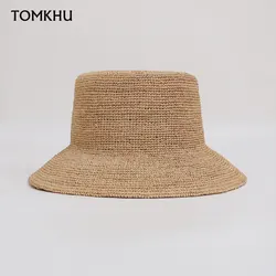 Summer Handmade Raffia Straw Wide Brim Bucket Hats Women Fashion Casual Sun Hat Foldable Flat Top Straw Hats Vacation Beach Hat